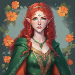 Dungeons and Dragons illustration: a young, tall, and elegant female elf with pale, ethereal skin, bright emerald green eyes, and long, curly, vibrant orange and red hair