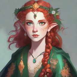 Dungeons and Dragons illustration: a young, tall, and elegant female elf with pale, ethereal skin, bright emerald green eyes, and long, curly, vibrant orange and red hair