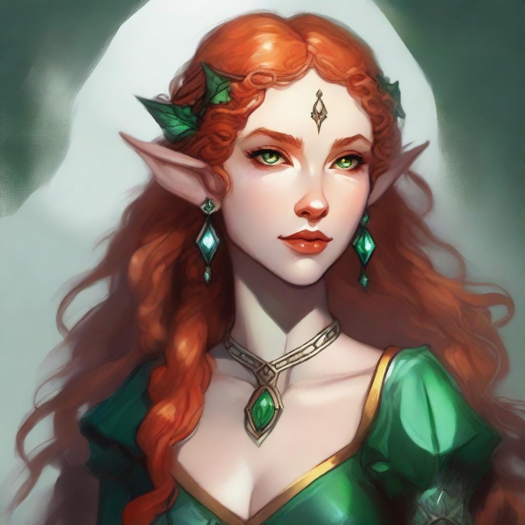 Dungeons and Dragons illustration: a tall and elegant young female elf with a majestic bearing