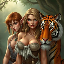 Create an image of an extremely sexy woman alongside an elf and a very sexy and beautiful tiger