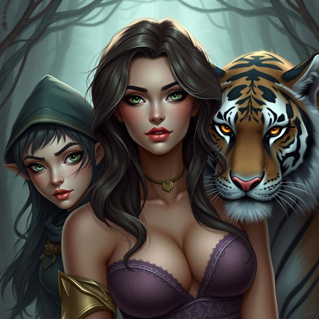 Create an image of an extremely sexy woman alongside an elf and a very sexy and beautiful tiger