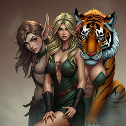 Create an image of an extremely sexy woman alongside an elf and a very sexy and beautiful tiger