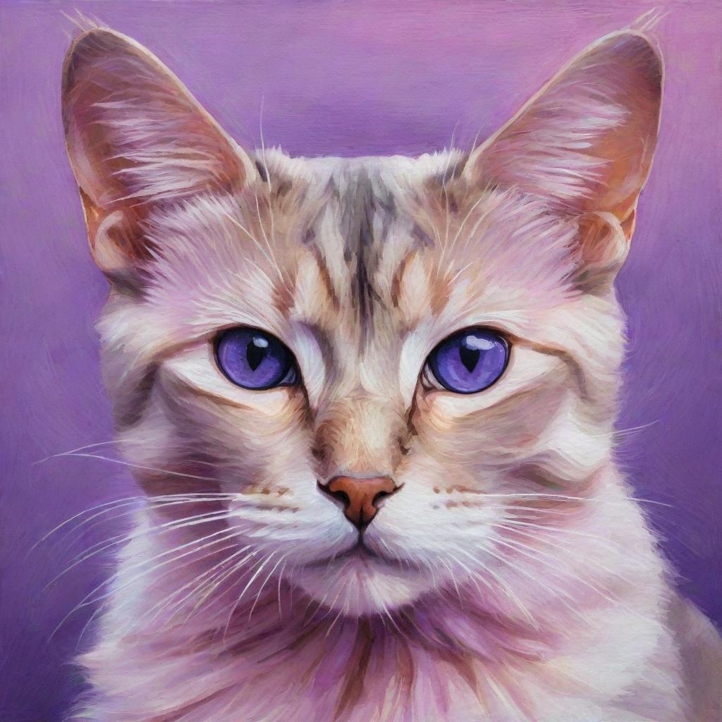 Artistic painting of a cat, colored in pink and purple tones with compelling purple eyes.