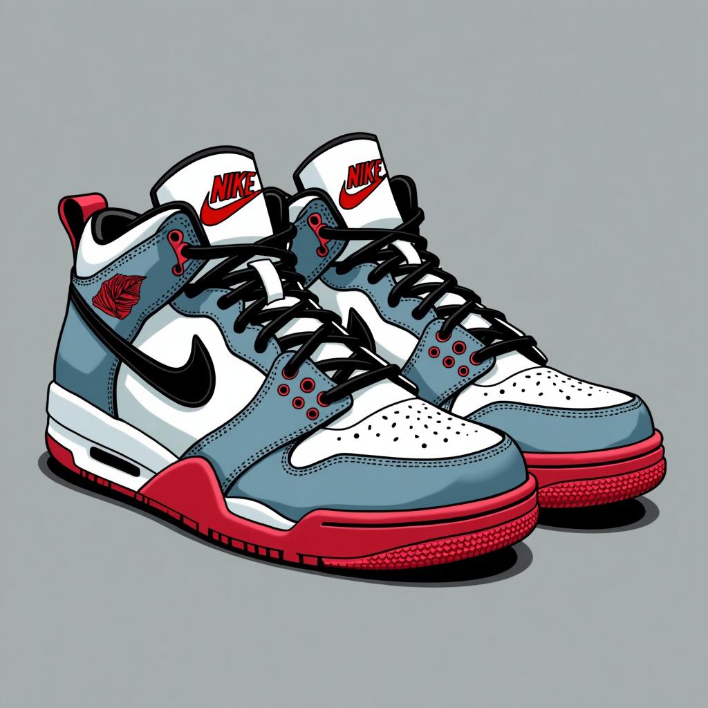 Design a Nike shoe called 'Air Jawz' themed after sharks, featuring white, grey, and blood red colors with shark-inspired elements, a cartoon-like great white shark image, and the text 'Air Jawz' on the shoe