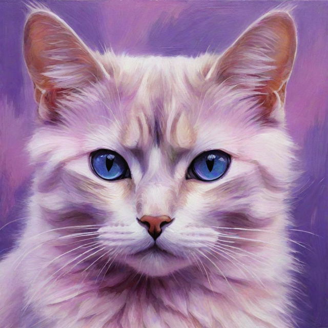 Artistic painting of a cat, colored in pink and purple tones with compelling purple eyes.