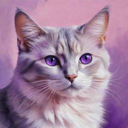 Artistic painting of a cat, colored in pink and purple tones with compelling purple eyes.