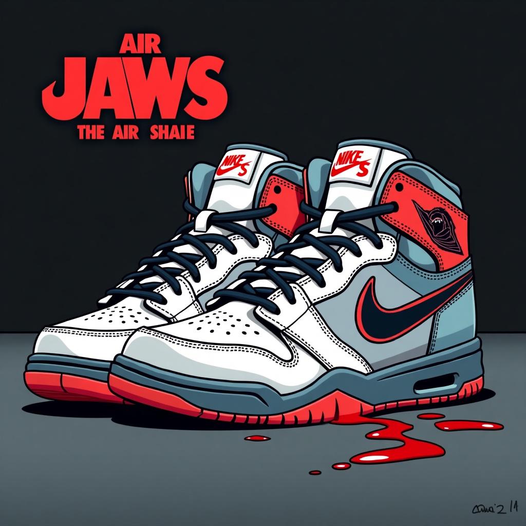 Design a Nike shoe named 'Air Jaws' with a shark theme, featuring white, grey, and blood red colors, a Great White Shark logo, and 'Air Jawz' text on the tongue