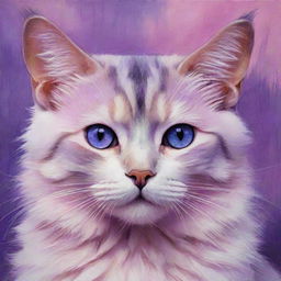 Artistic painting of a cat, colored in pink and purple tones with compelling purple eyes.