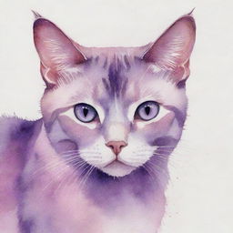 A watercolor painting of a pink and purple cat with mesmerizing purple eyes.