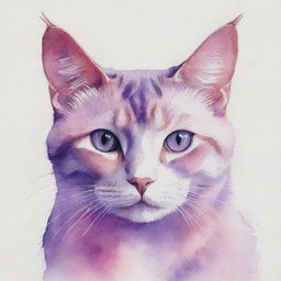 A watercolor painting of a pink and purple cat with mesmerizing purple eyes.