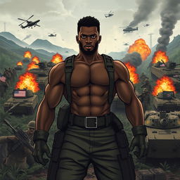 Create an image depicting a heroic black man as the central character, standing strong and determined