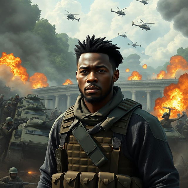 Create a realistic image depicting a heroic black man as the central character, standing strong and determined