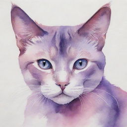 A watercolor painting of a pink and purple cat with mesmerizing purple eyes.