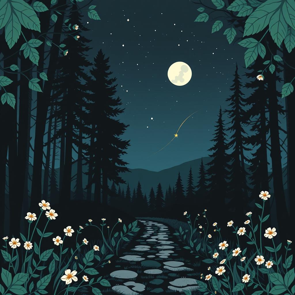 A romantic fantasy book cover using Nordic folk art style in black, blue, green, and white