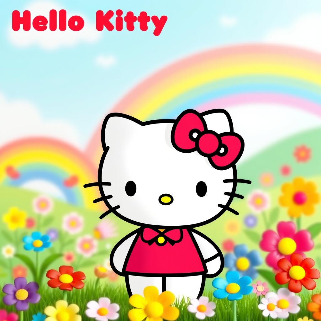 A cute and friendly Hello Kitty character standing in a colorful and cheerful background with flowers and rainbows