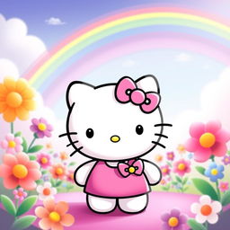 A cute and friendly Hello Kitty character standing in a colorful and cheerful background with flowers and rainbows