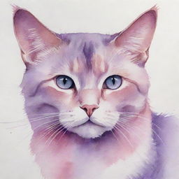 A watercolor painting of a pink and purple cat with mesmerizing purple eyes.