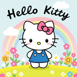 A cute and friendly Hello Kitty character standing in a colorful and cheerful background with flowers and rainbows