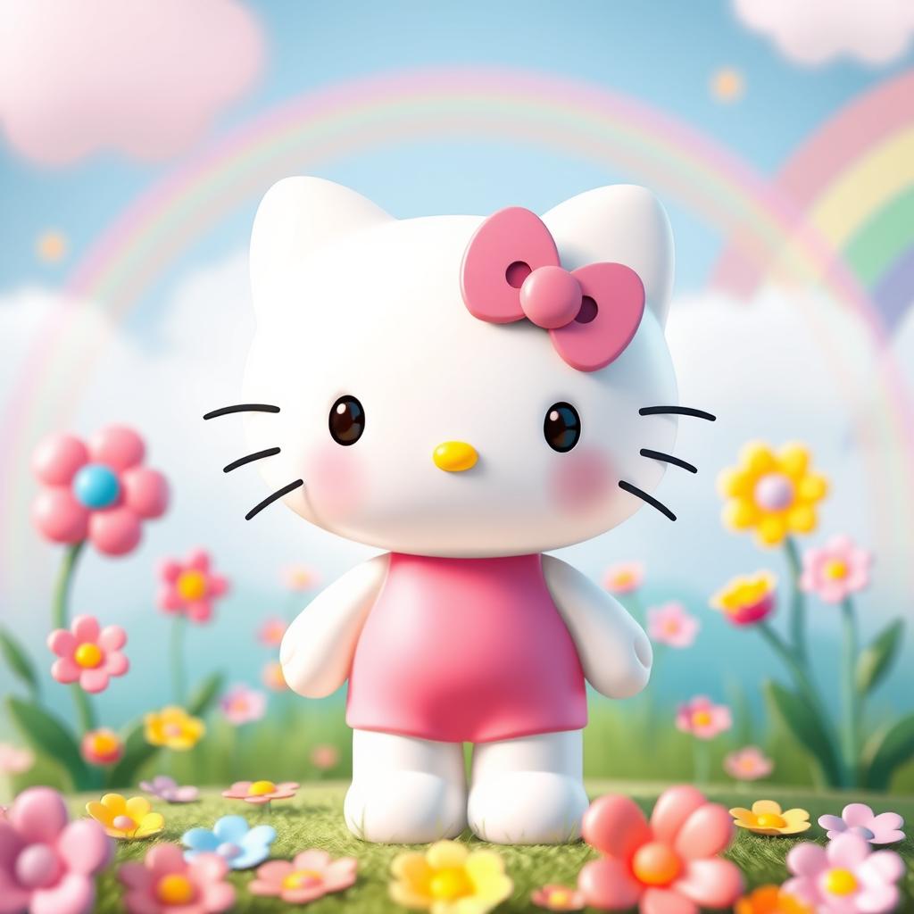 A cute and friendly Hello Kitty character standing in a colorful and cheerful background with flowers and rainbows