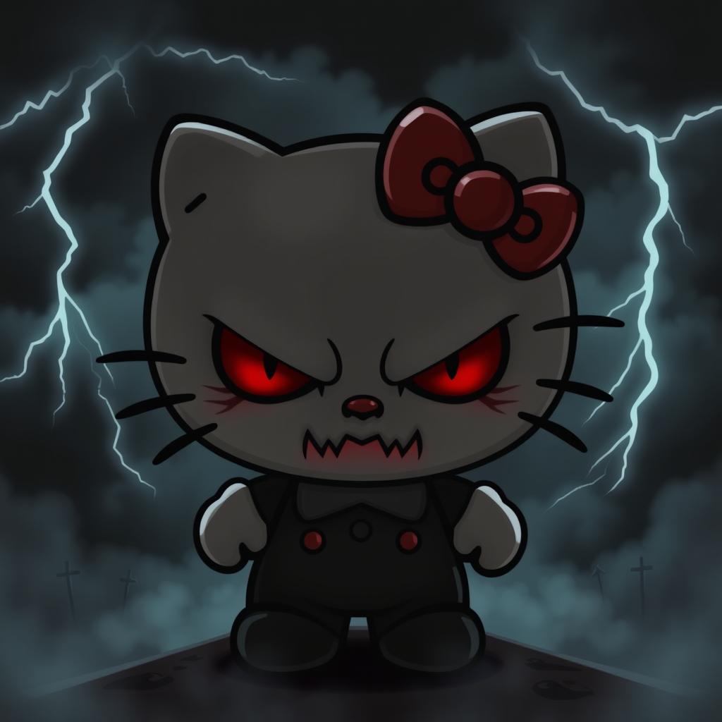 An evil version of the Hello Kitty character with dark, menacing features