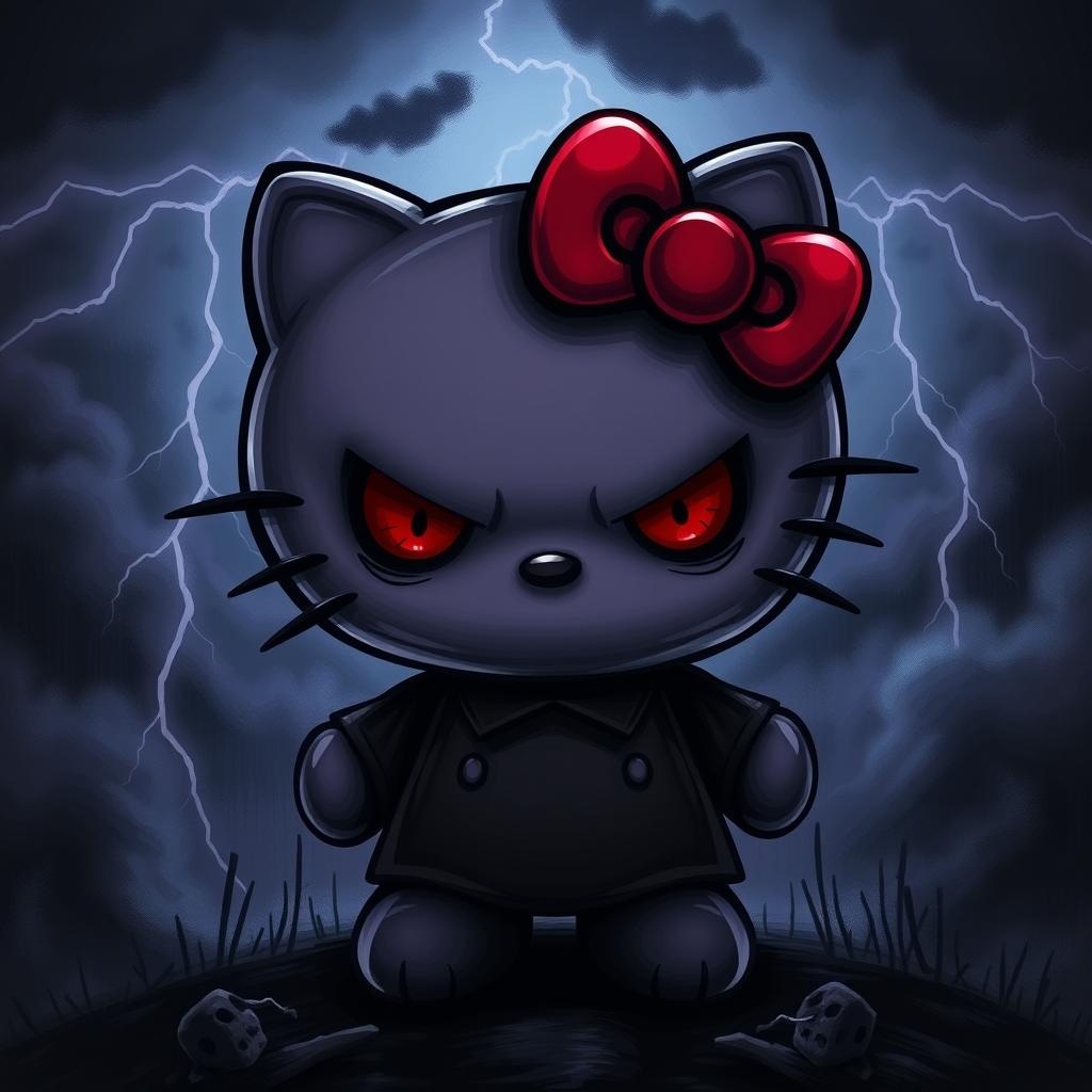 An evil version of the Hello Kitty character with dark, menacing features