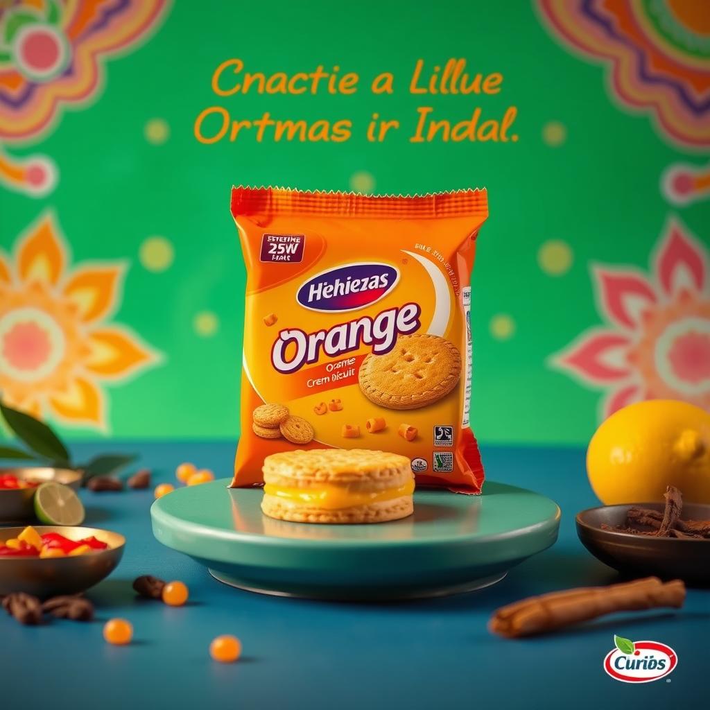 A vibrant advertisement for an orange creme biscuit in India