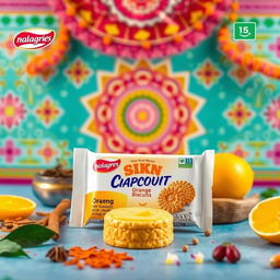 A vibrant advertisement for an orange creme biscuit in India