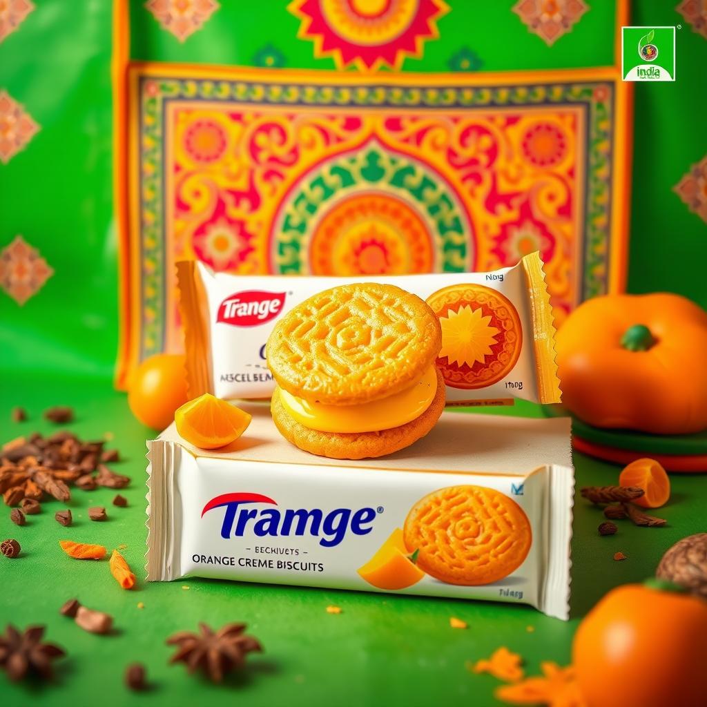 A vibrant advertisement for an orange creme biscuit in India