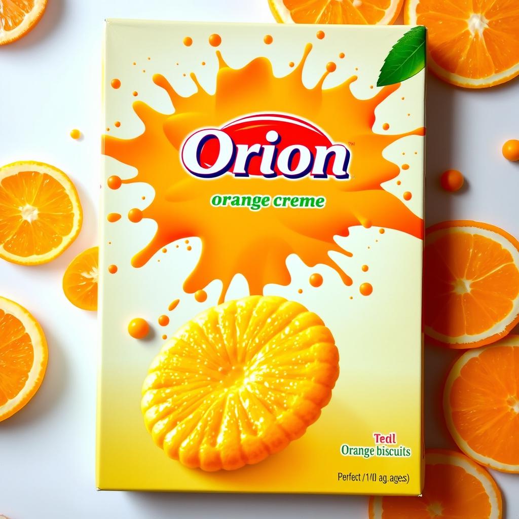 A vibrant and eye-catching advertisement for Orion orange creme biscuits in India