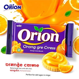 A vibrant and eye-catching advertisement for Orion orange creme biscuits in India