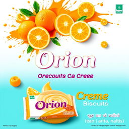 A vibrant and eye-catching advertisement for Orion orange creme biscuits in India