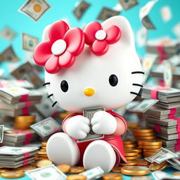 A 3D version of the Hello Kitty character surrounded by money