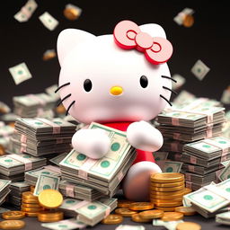 A 3D version of the Hello Kitty character surrounded by money