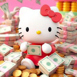 A 3D version of the Hello Kitty character surrounded by money