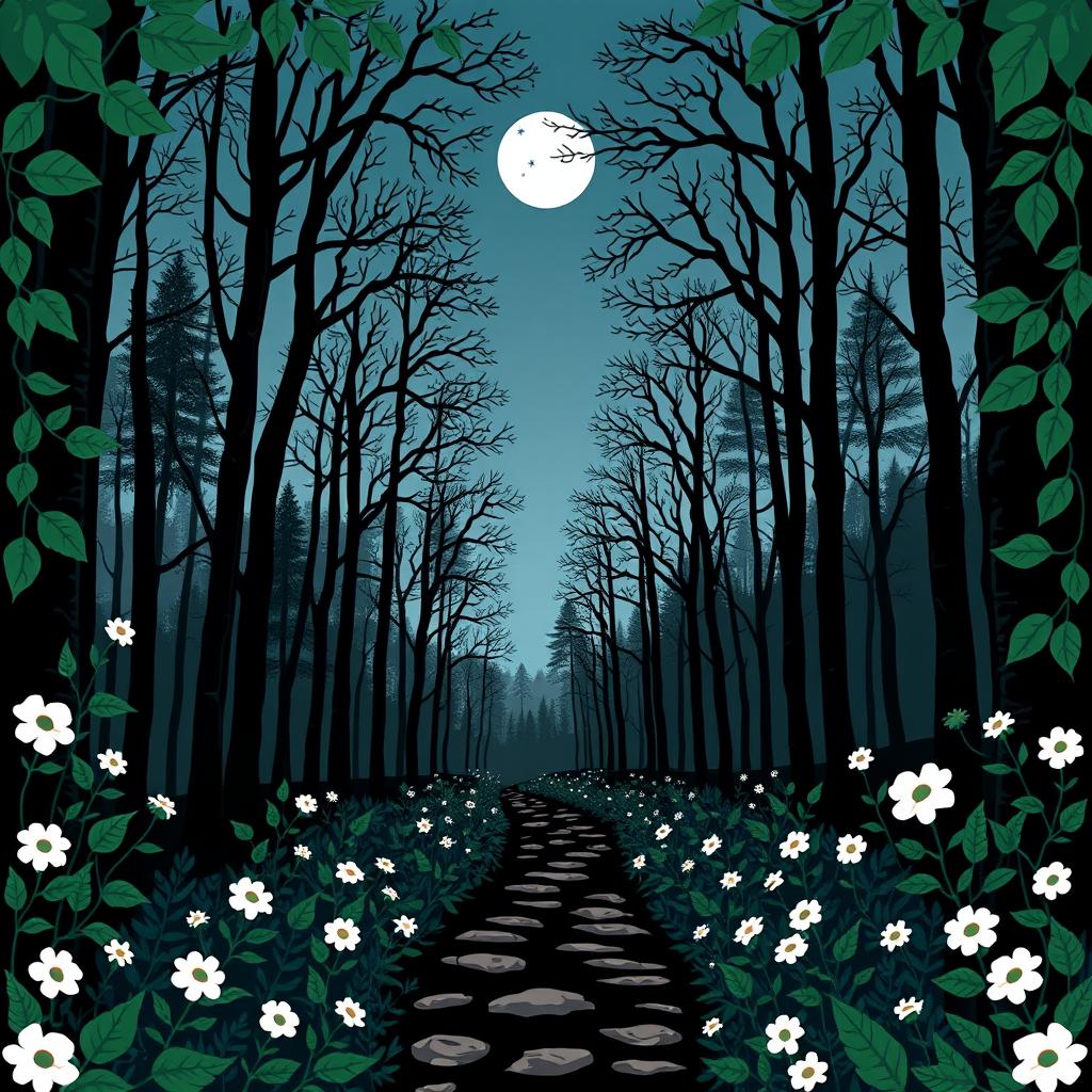 A romantic fantasy book cover using Nordic folk art style in black, blue, green, and white