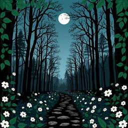 A romantic fantasy book cover using Nordic folk art style in black, blue, green, and white