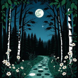 A romantic fantasy book cover using Nordic folk art style in black, blue, green, and white