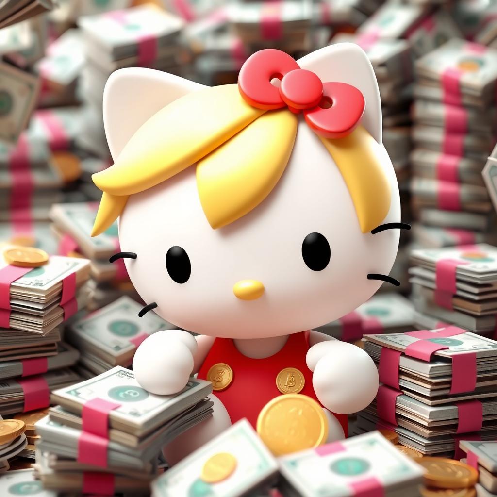 A 3D version of the Hello Kitty character with blonde hair, surrounded by money