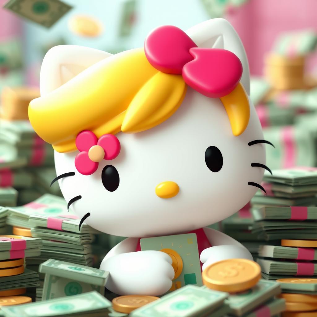 A 3D version of the Hello Kitty character with blonde hair, surrounded by money