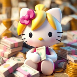 A 3D version of the Hello Kitty character with blonde hair, surrounded by money