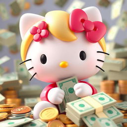 A 3D version of the Hello Kitty character with blonde hair, surrounded by money