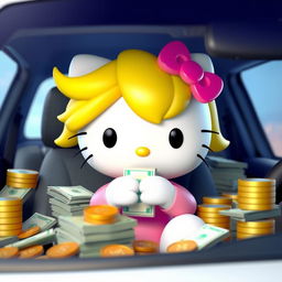 A 3D version of the Hello Kitty character with blonde hair, sitting in a car surrounded by money