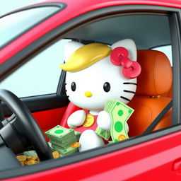 A 3D version of the Hello Kitty character with blonde hair, sitting in a car surrounded by money