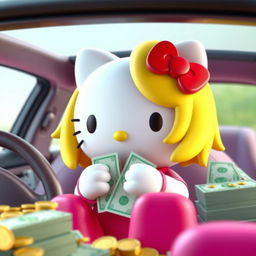 A 3D version of the Hello Kitty character with blonde hair, sitting in a car surrounded by money