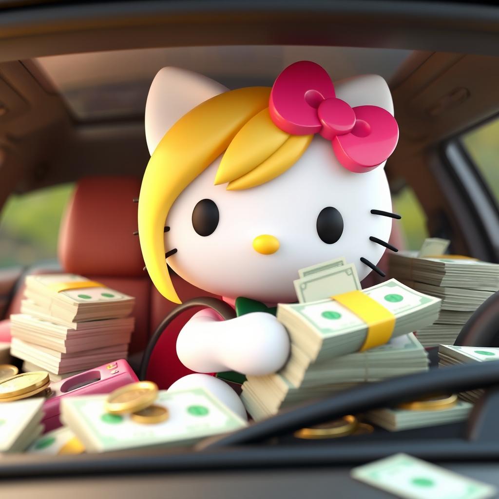 A 3D version of the Hello Kitty character with blonde hair, sitting in a car surrounded by money