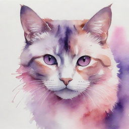 Artistic watercolor painting of a cat immersed in beautiful shades of pink and purple.