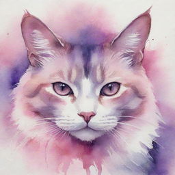 Artistic watercolor painting of a cat immersed in beautiful shades of pink and purple.