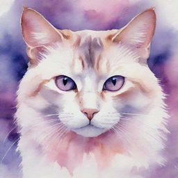 Artistic watercolor painting of a cat immersed in beautiful shades of pink and purple.