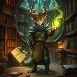 A young dragonborn, scholarly and wise, standing in a mystical library filled with ancient tomes and magical artifacts