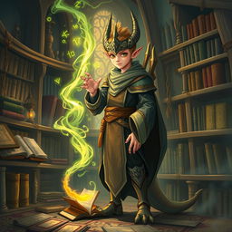 A young dragonborn, scholarly and wise, standing in a mystical library filled with ancient tomes and magical artifacts